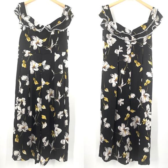 CITY CHIC Jumpsuit SZ 14 Black White Yellow Crepe Floral Print Off The Shoulder - Picture 3 of 13